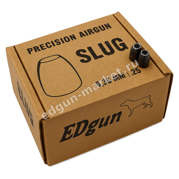 Упаковка Edgun Slug калибра .25 сбоку, пули выставлены наверху