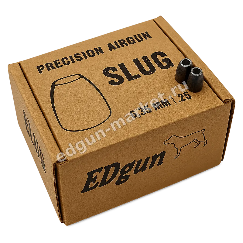 Упаковка Edgun Slug калибра .25 сбоку, пули выставлены наверху