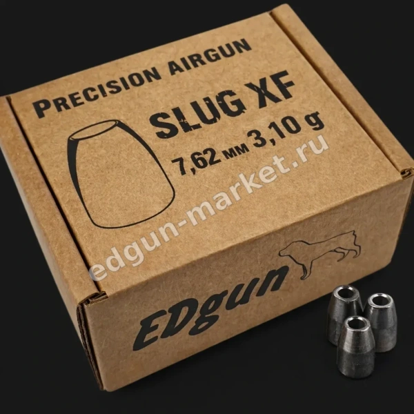 Крафтовая коробка Slug XF 7.62 мм 3,10 г и три пули рядом
