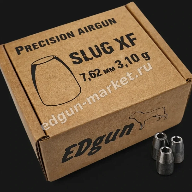 Крафтовая коробка Slug XF 7.62 мм 3,10 г и три пули рядом