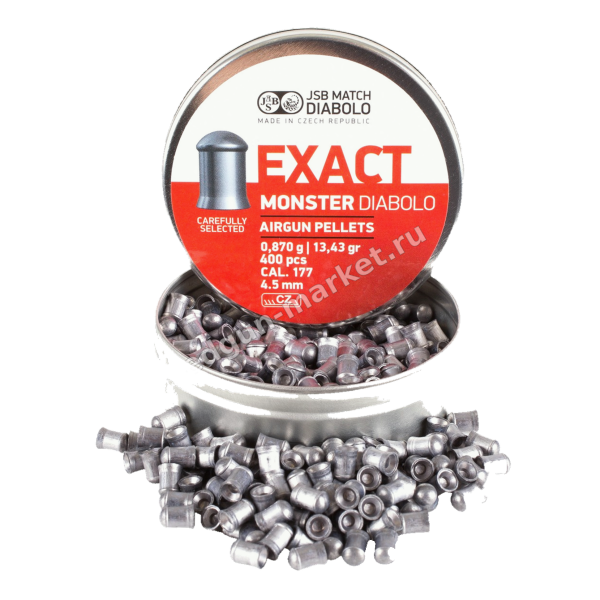 JSB Exact Monster Diabolo 4.5 мм — банка и рассыпанные пули на белом фоне