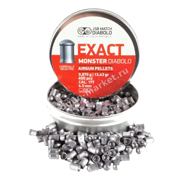 JSB Exact Monster Diabolo 4.5 мм — банка и рассыпанные пули на белом фоне