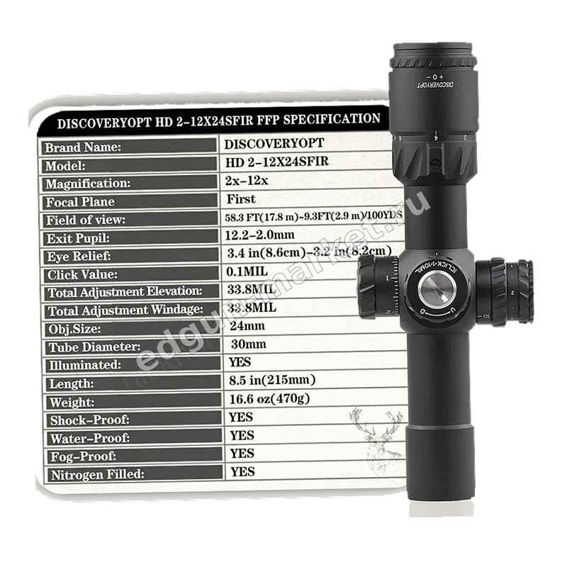Таблица характеристик Discovery HD 2-12x24 SFIR FFP рядом с прицелом